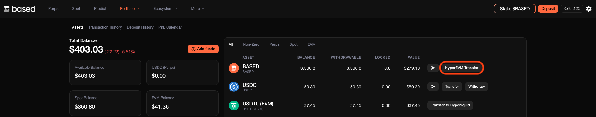 Transfer $BASED from HyperEVM to Hyperliquid Core on app.based.one